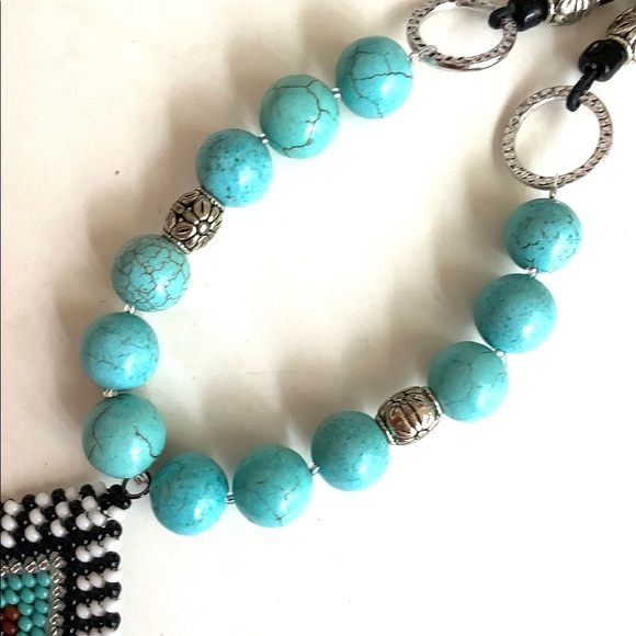 Handmade beadweaving pendant with turquoise magnesite stones boho necklace - Picture 3 of 3
